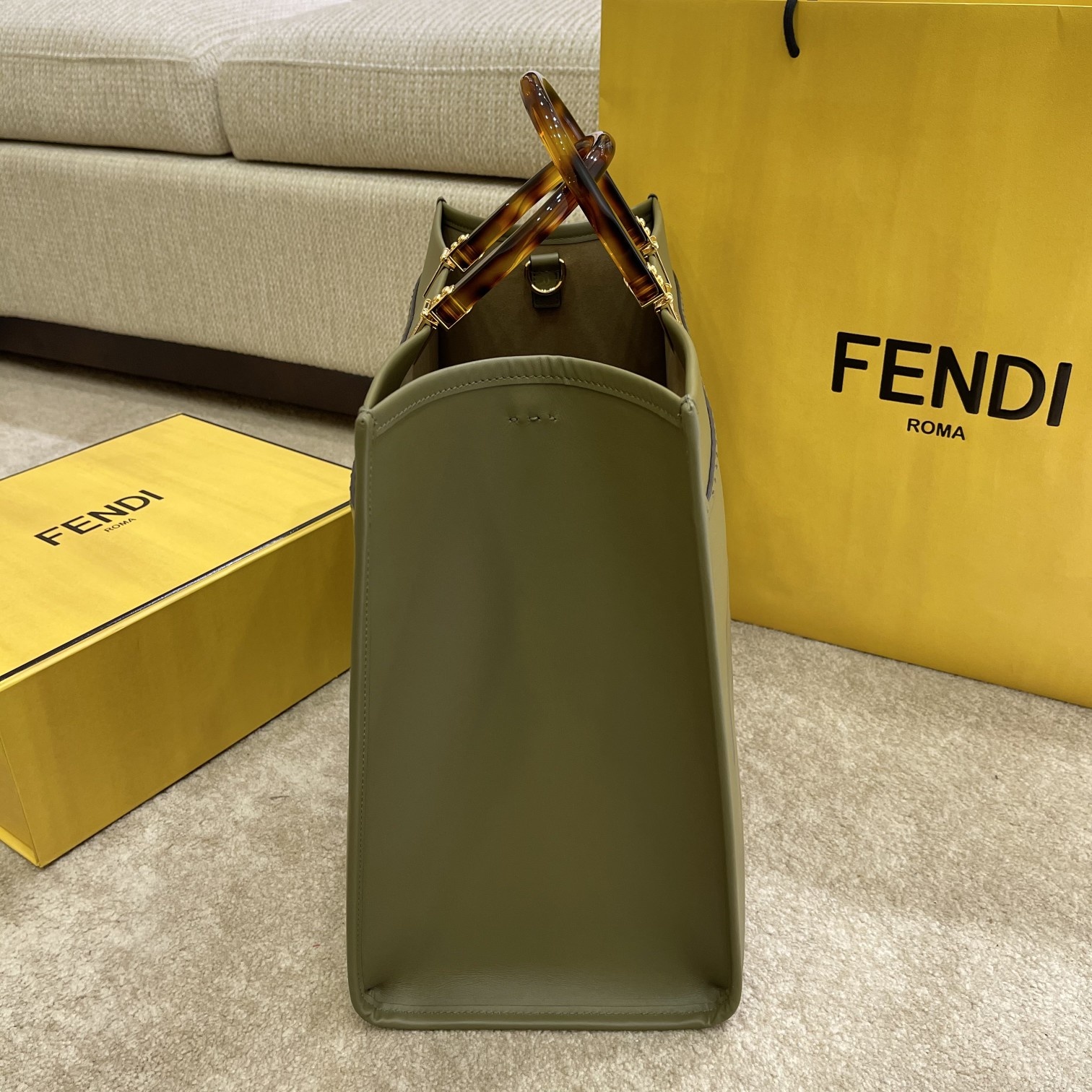 Fendi Large Sunshine Shopper Green Leather Bag 